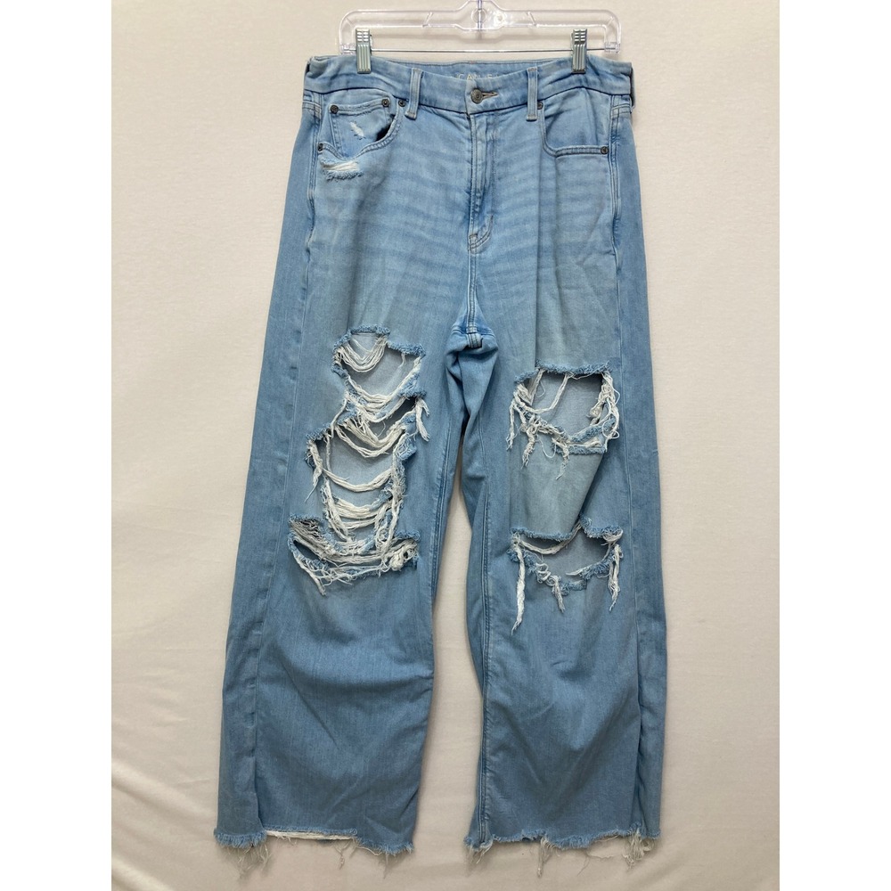 American Eagle Baggy Wide Leg Jeans size 12 Blue Distressed Curvy High Rise